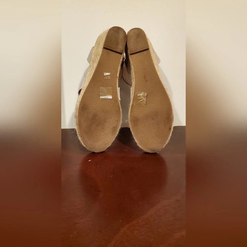 Cream/ Beige Espadrille Wedge Sandals with Adjustable Ankle Strap, Size 6.5